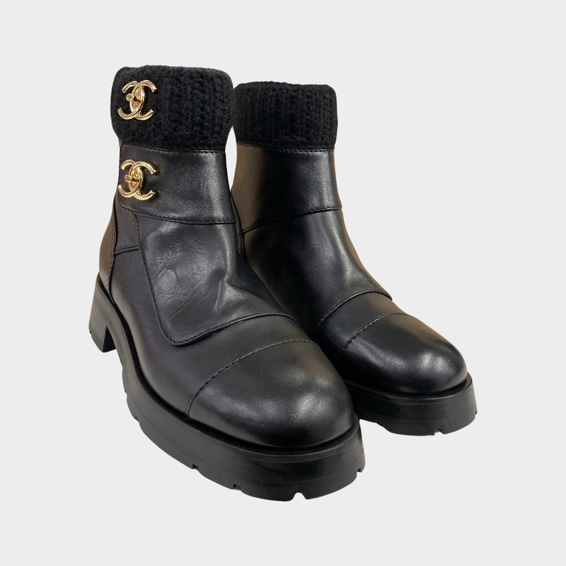 Chanel women's black leather block heel chelsea boots