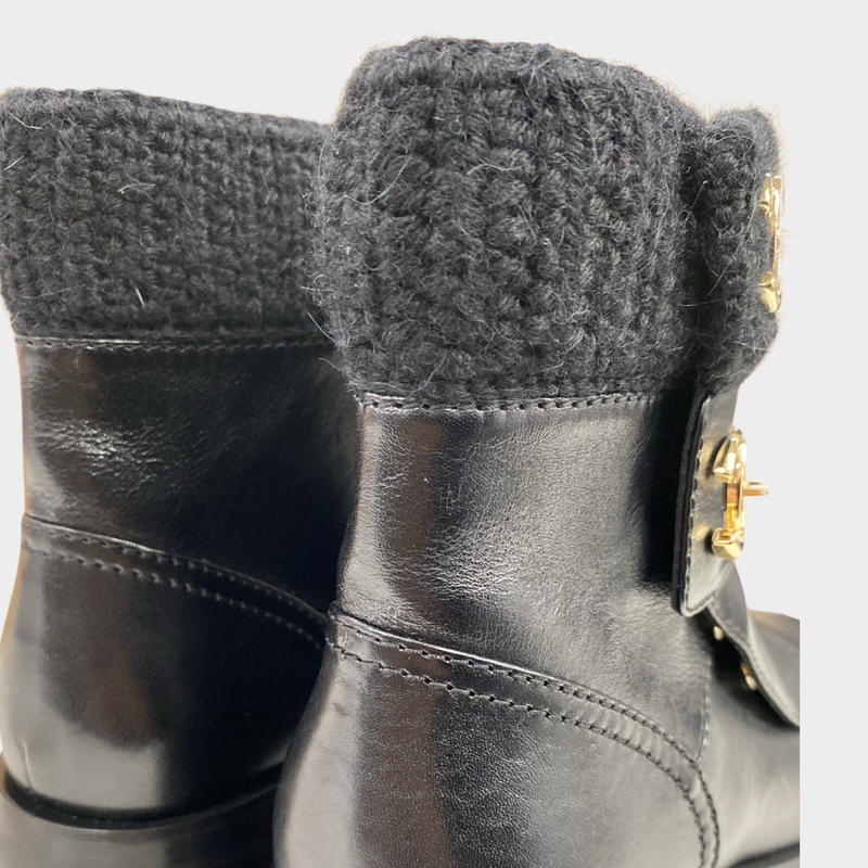 Chanel women's black leather block heel chelsea boots