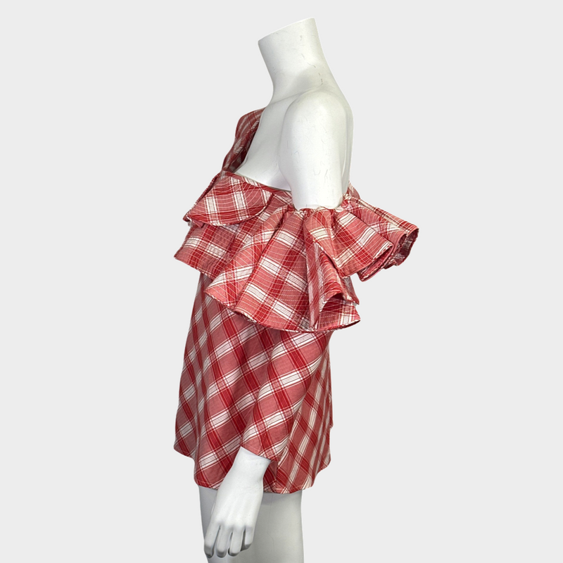 JOHANNA ORTIZ white and red checkered cotton ruffled blouse