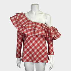 JOHANNA ORTIZ white and red checkered cotton ruffled blouse