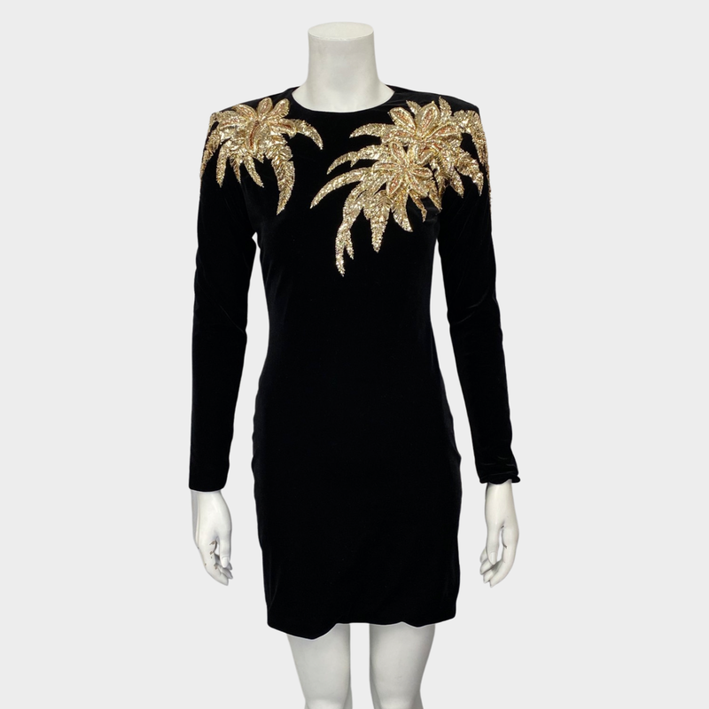Balmain black velvet mini dress with metallic gold palm tree applique