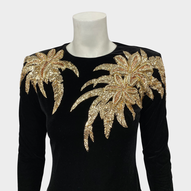 Balmain black velvet mini dress with metallic gold palm tree applique