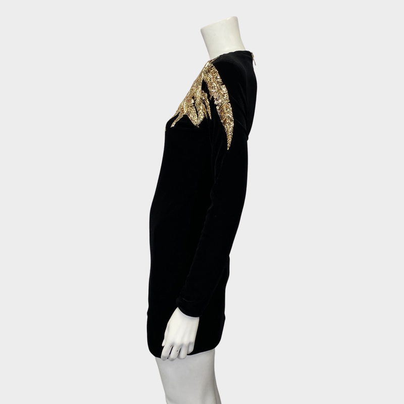 Balmain black velvet mini dress with metallic gold palm tree applique