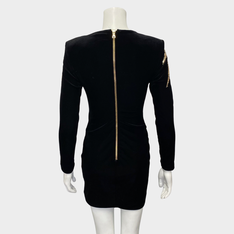 Balmain black velvet mini dress with metallic gold palm tree applique
