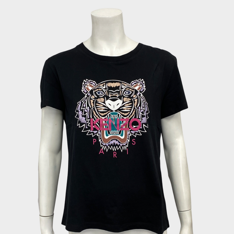 Kenzo women's classic tiger brand logo black cotton t-shirt