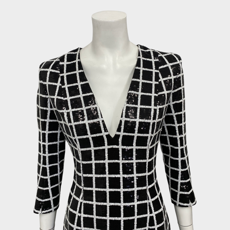 Balmain black and white geometric square print sequin dress