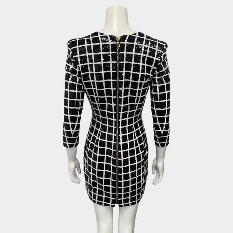 Balmain black and white geometric square print sequin dress