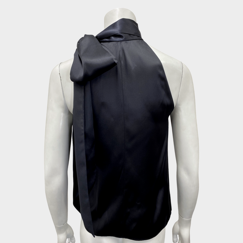 SAINT LAURENT women's black silk sleeveless blouse with tie-neck bow
