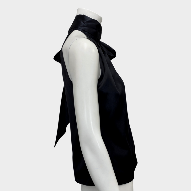 SAINT LAURENT women's black silk sleeveless blouse with tie-neck bow