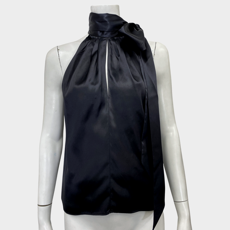 SAINT LAURENT women's black silk sleeveless blouse with tie-neck bow