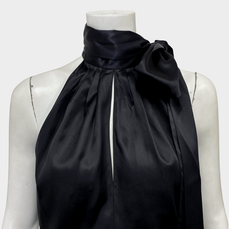 SAINT LAURENT women's black silk sleeveless blouse with tie-neck bow