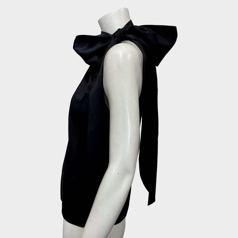 SAINT LAURENT women's black silk sleeveless blouse with tie-neck bow