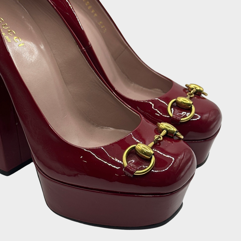 Gucci women's burgundy patent leather horsebit-detailed platform pumps