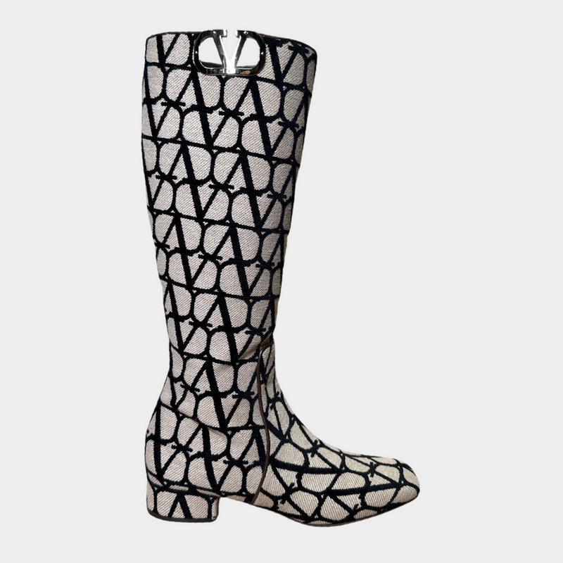 Valentino Garavani beige and black VLogo monogram canvas knee-length boots