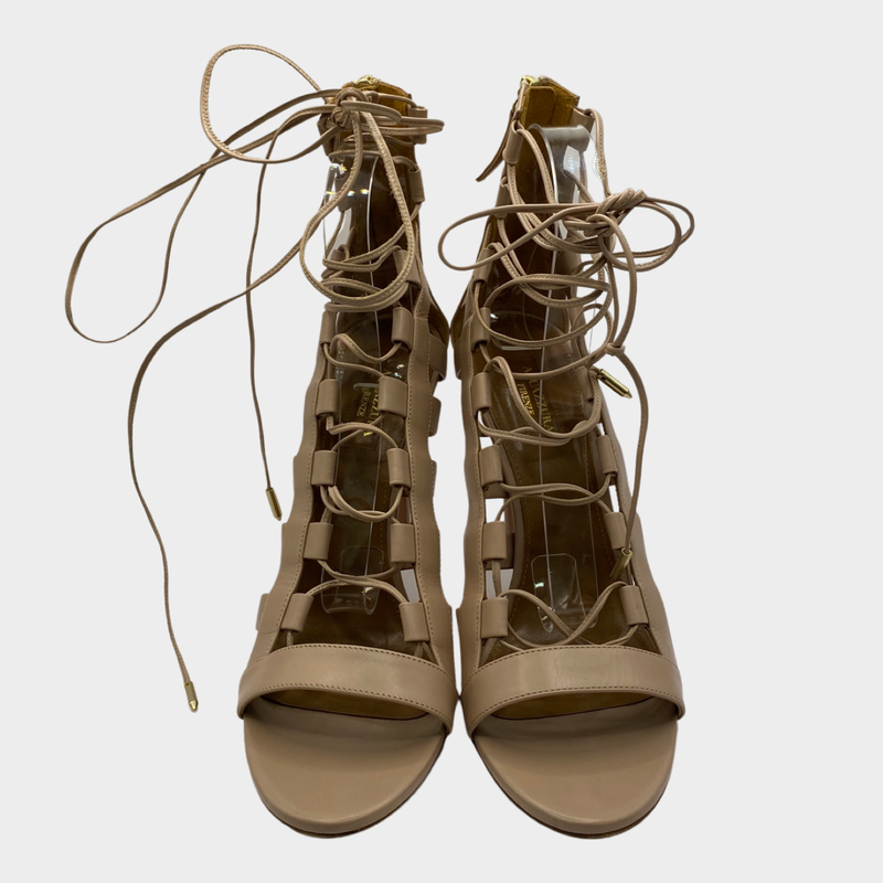 Aquazzura nude pink leather lace up sandal heels