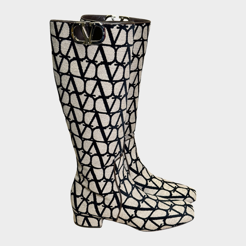 Valentino Garavani beige and black VLogo monogram canvas knee-length boots