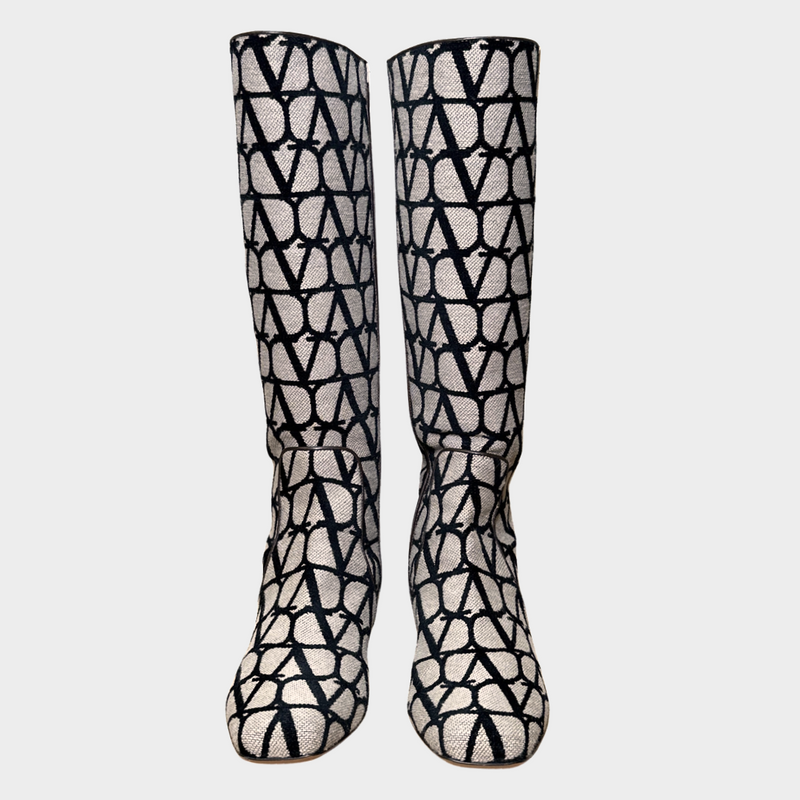 Valentino Garavani beige and black VLogo monogram canvas knee-length boots