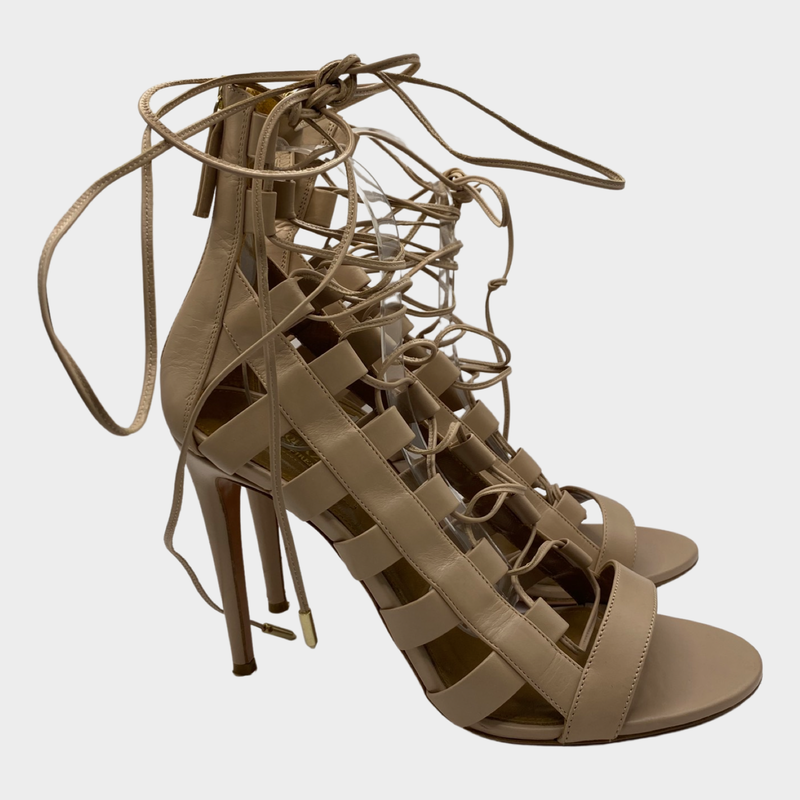 Aquazzura nude pink leather lace up sandal heels