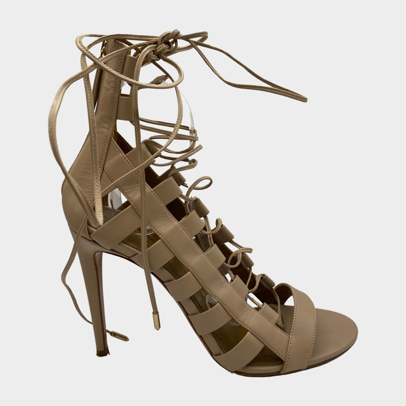 Aquazzura nude pink leather lace up sandal heels