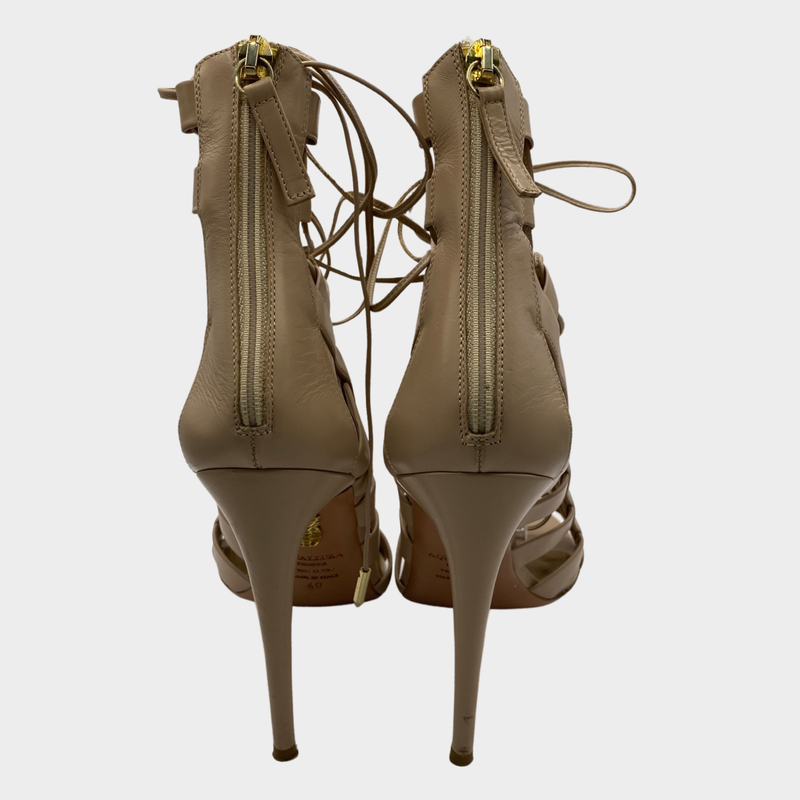 Aquazzura nude pink leather lace up sandal heels