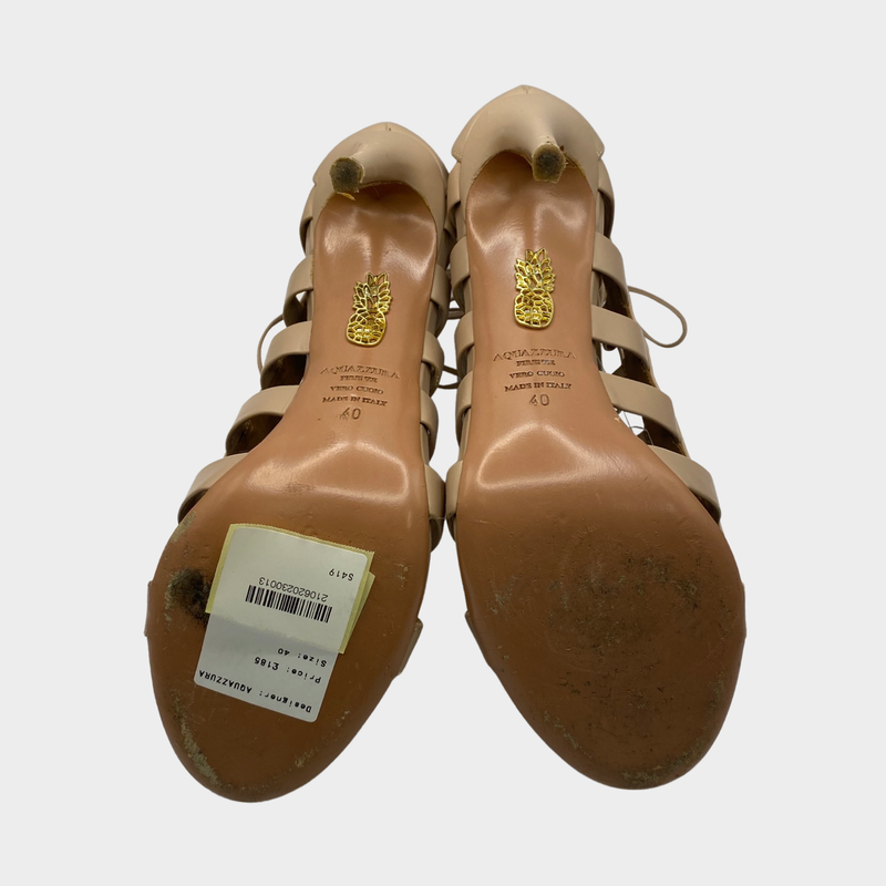 Aquazzura nude pink leather lace up sandal heels