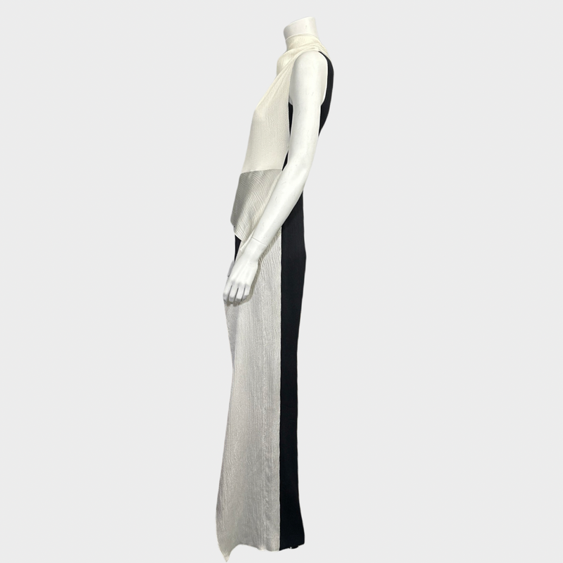 Roland Mouret black and white textured silk high-neck sleeveless draped jumpsuit