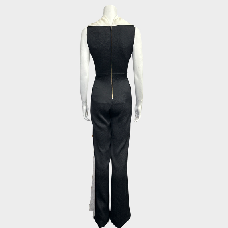 Roland Mouret black and white textured silk high-neck sleeveless draped jumpsuit