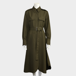 Victoria Beckham olive green polyester long-sleeved belted shirt dress