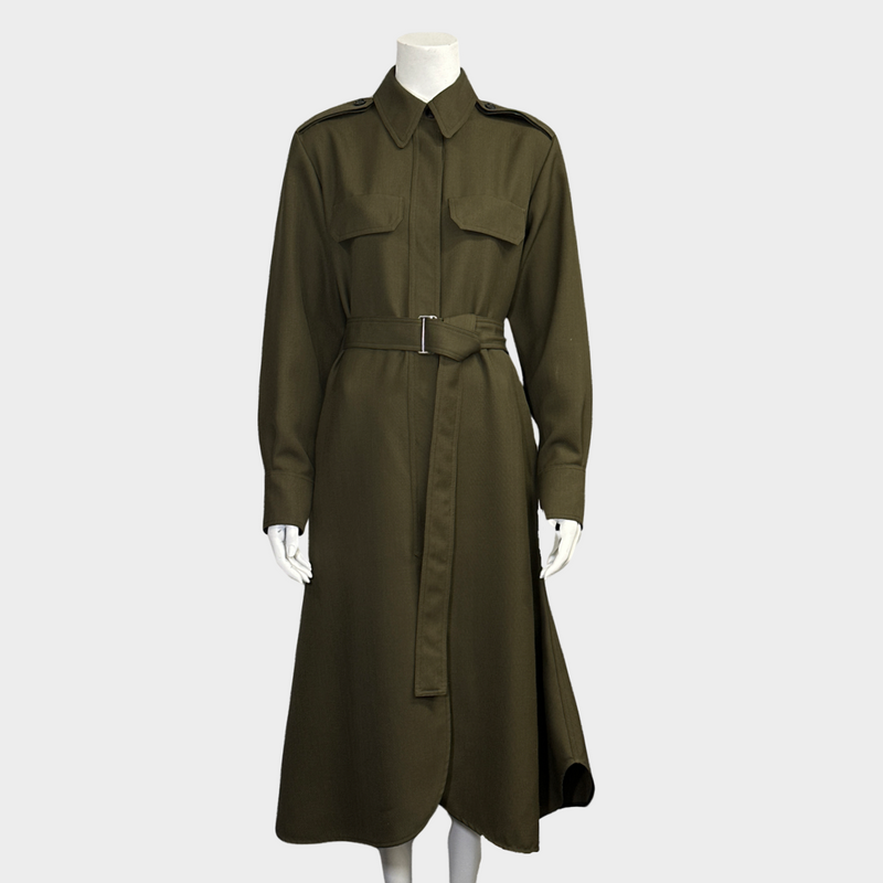 Victoria Beckham olive green polyester long-sleeved belted shirt dress