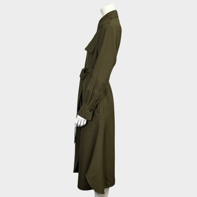 Victoria Beckham olive green polyester long-sleeved belted shirt dress