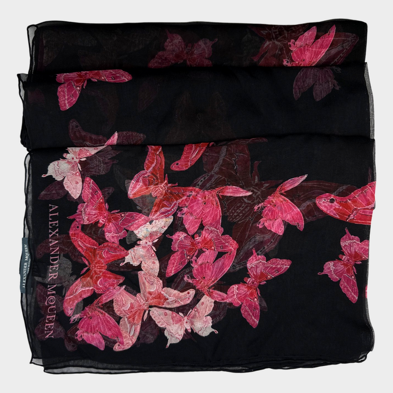 Alexander McQueen black and pink butterfly print silk square scarf