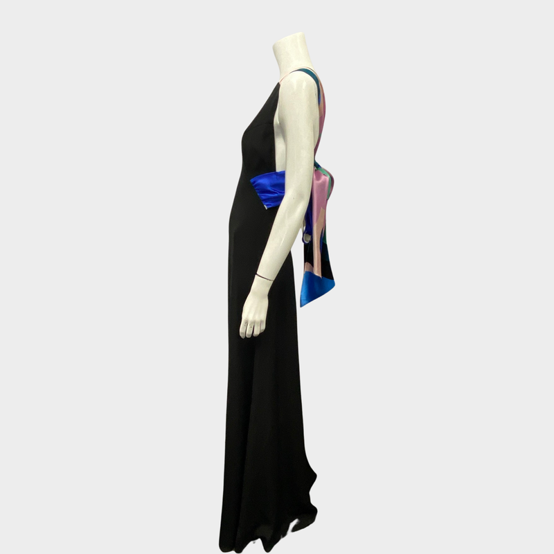 Emilio Pucci women's black gown with scarf silk detailing on the back