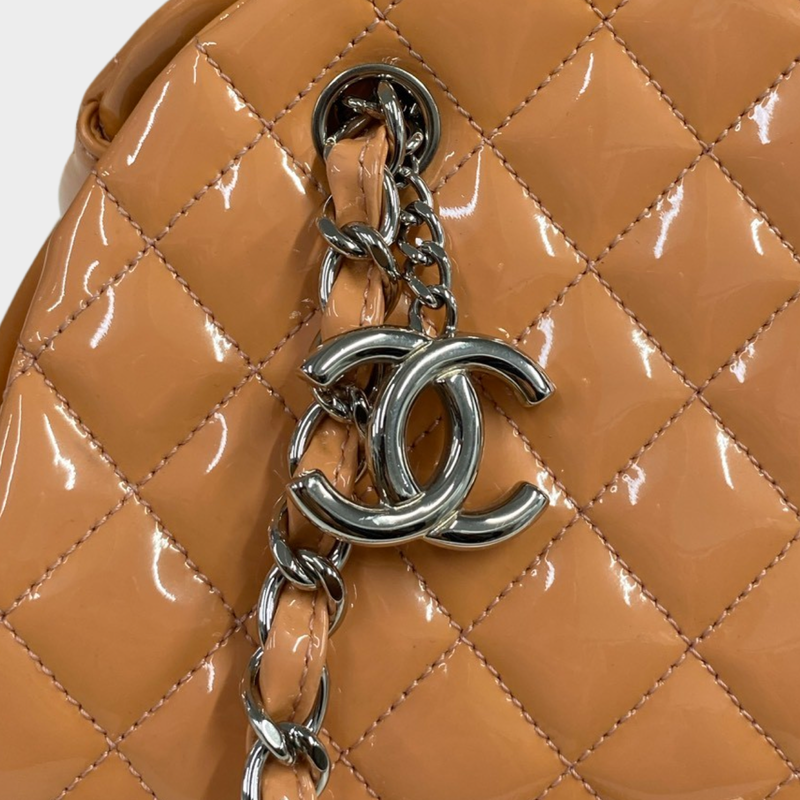 Chanel women's orange patent leather quilted half moon vintage handbag