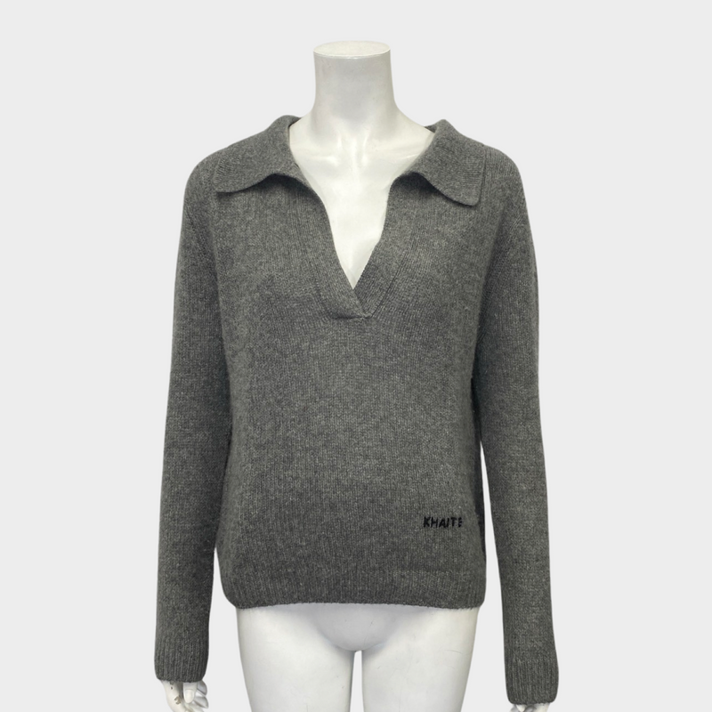 Khaite women's grey v-neck jumper with logo