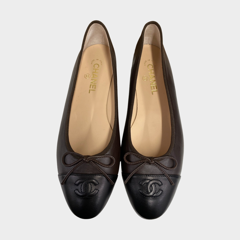 Chanel women's brown leather flats with black fronts