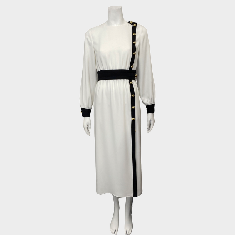 Carolina Herrera white and black accented long-sleeved dress with gold buttons