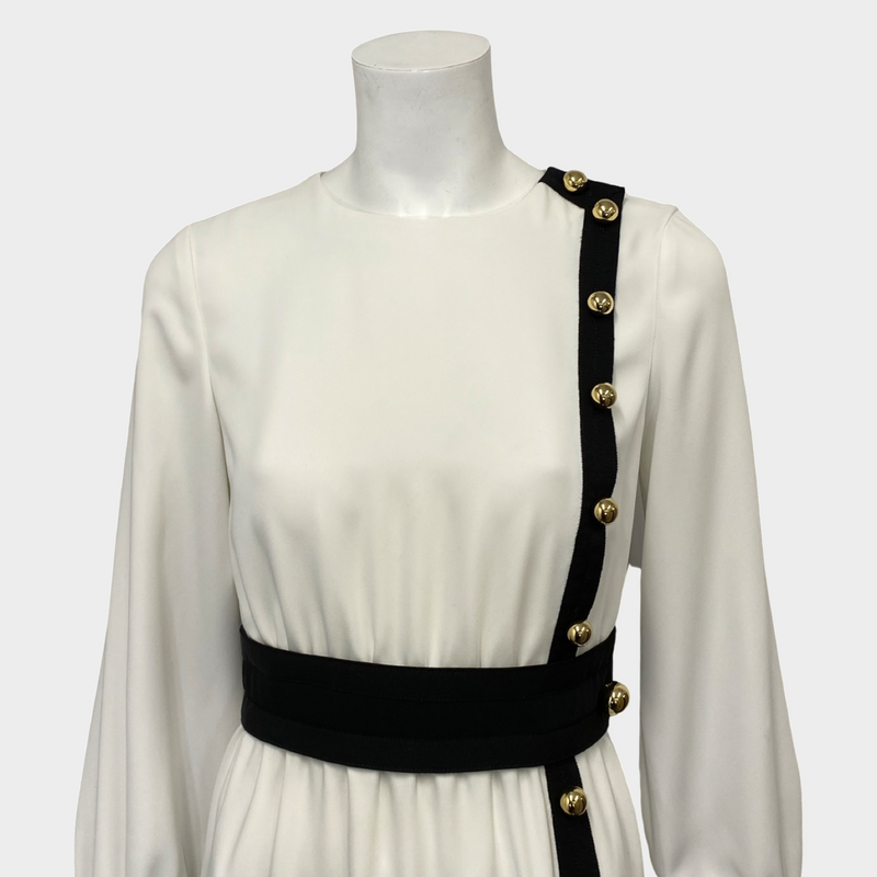 Carolina Herrera white and black accented long-sleeved dress with gold buttons