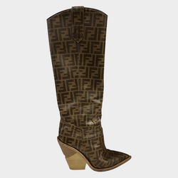 Fendi women's brown Zucca monogram print leather cowboy style boots