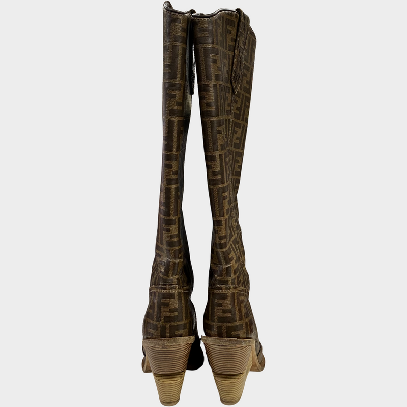 Fendi women's brown Zucca monogram print leather cowboy style boots