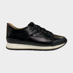 Hermes women's black leather shiny grained trainers