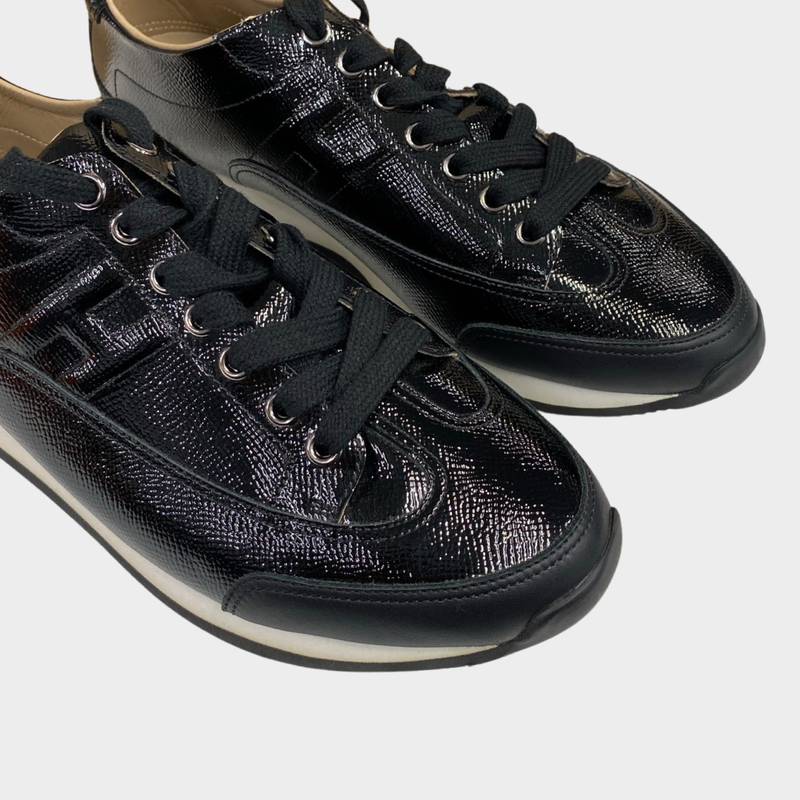 Hermes women's black leather shiny grained trainers