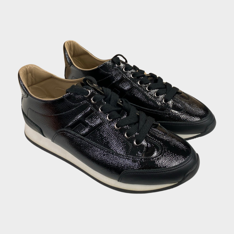 Hermes women's black leather shiny grained trainers