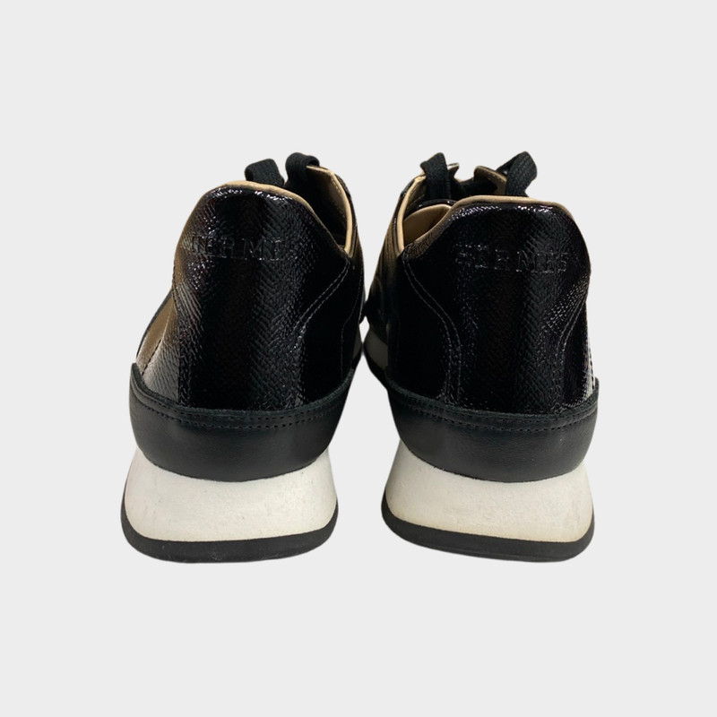 Hermes women's black leather shiny grained trainers