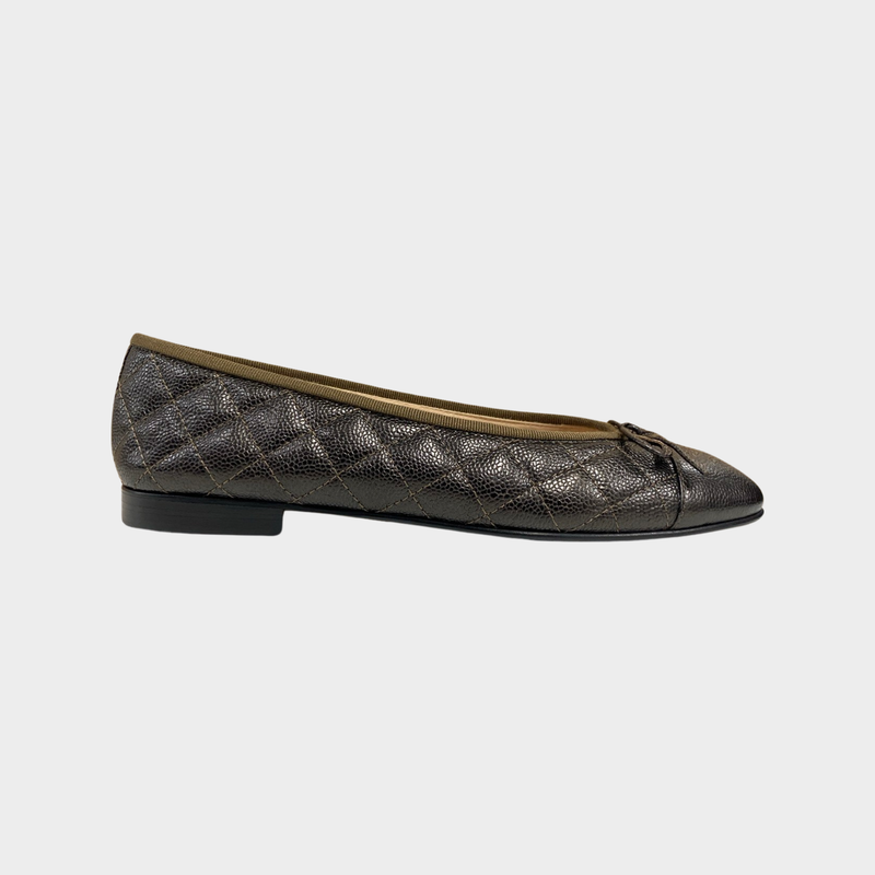 Chanel women's golden brown caviar leather quilted flats