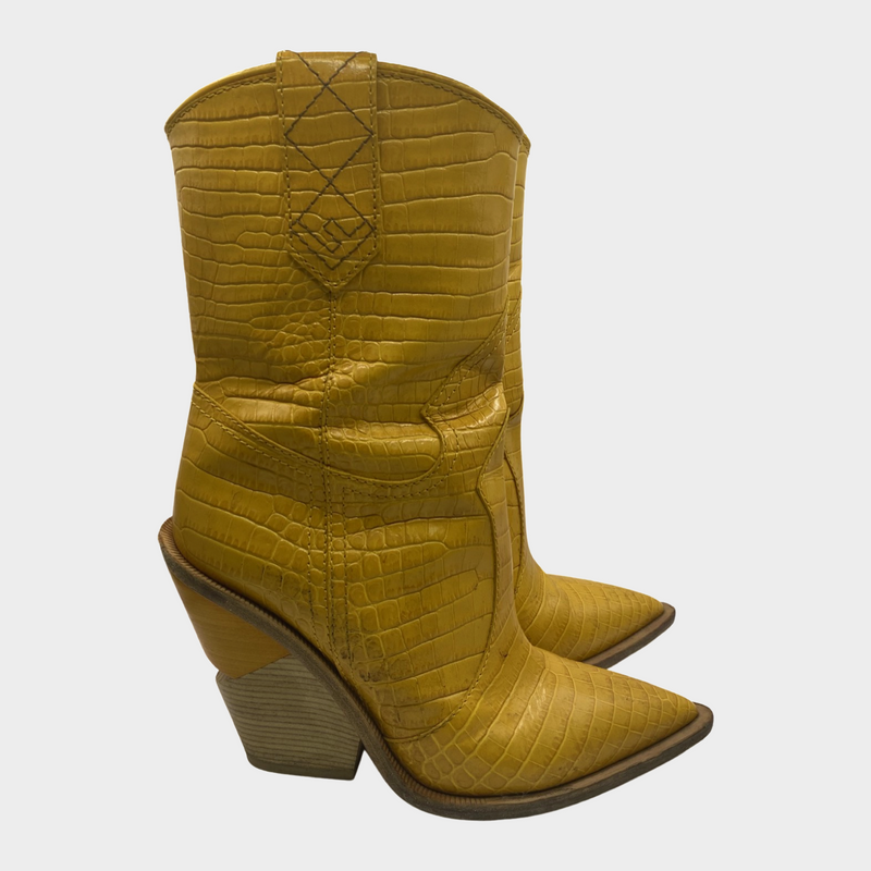 Fendi women's yellow mock croc cowboy style boots