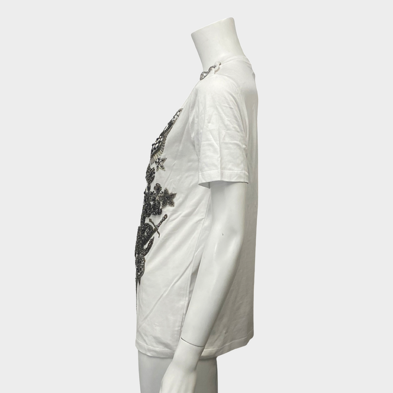 Balmain women's white cotton t-shirt with metallic silver embroidery applique