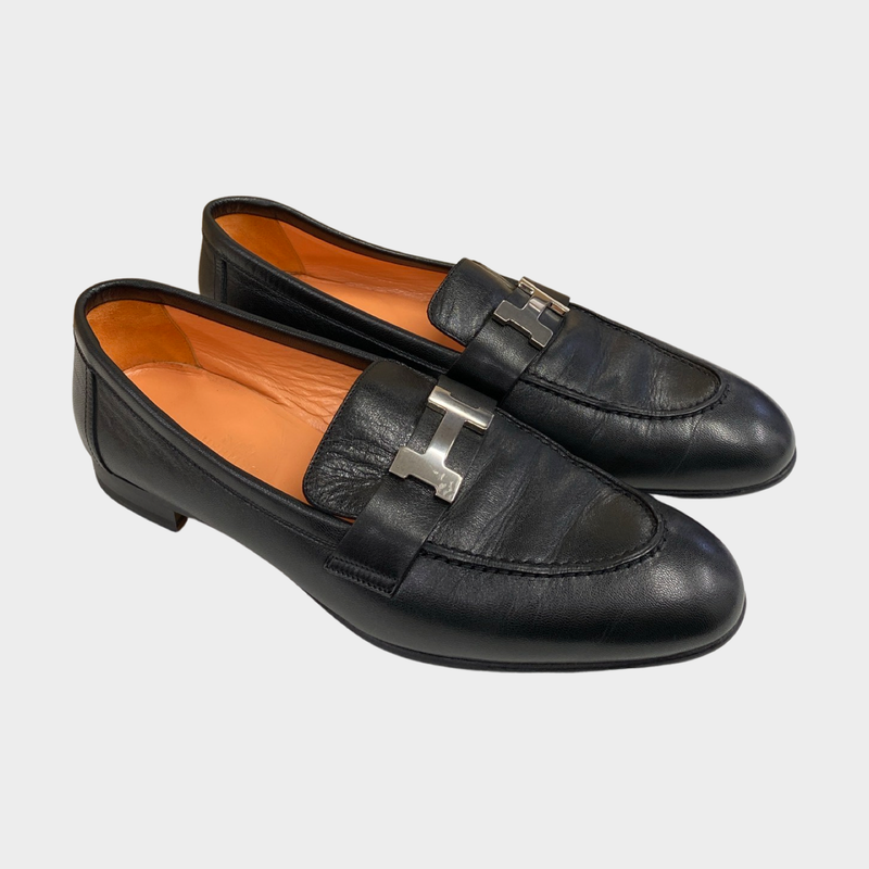 Hermes women's black leather slippers with silver hardware