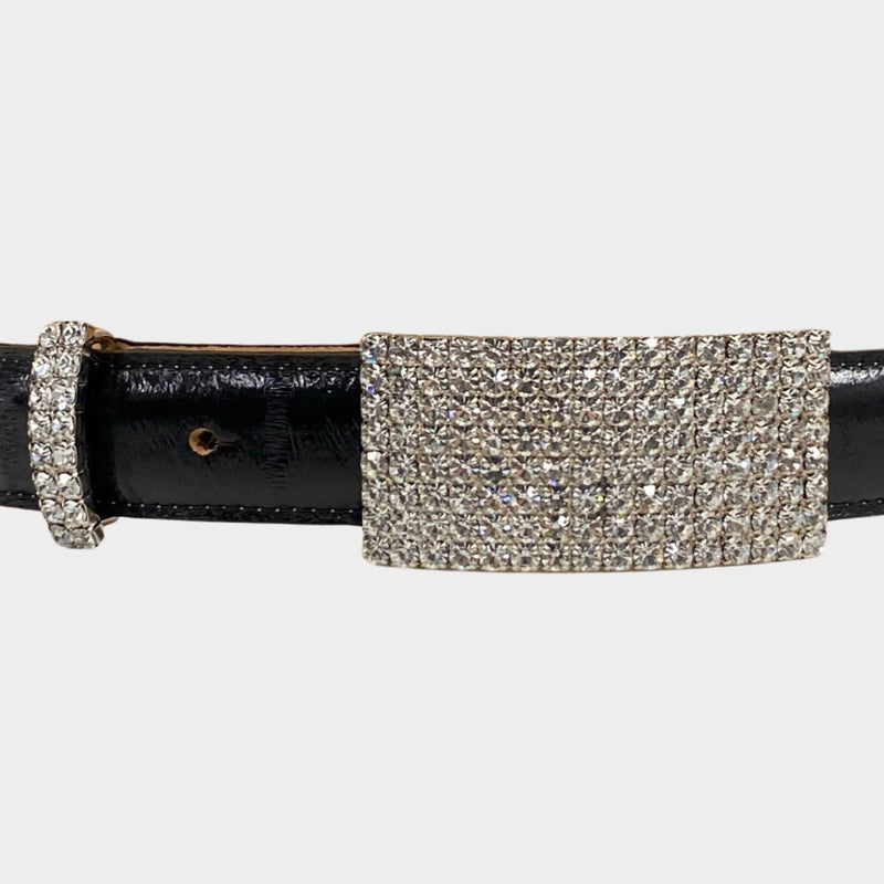 Alessandra Rich women's black leather croc mock belt with crystal buckle