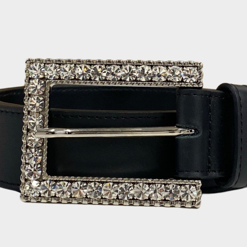 Alessandra Rich women's black leather belt with big crystal buckle