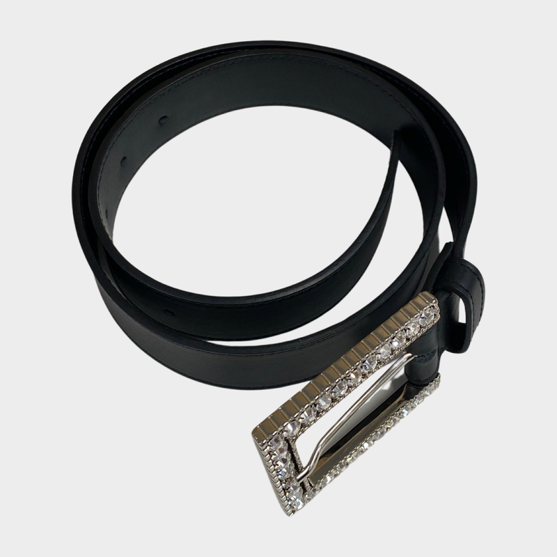 Alessandra Rich women's black leather belt with big crystal buckle